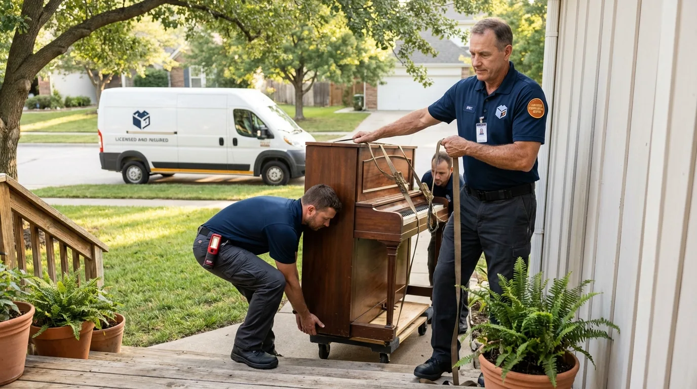 Licensed piano movers securing grand piano in Saratoga Springs, NY
