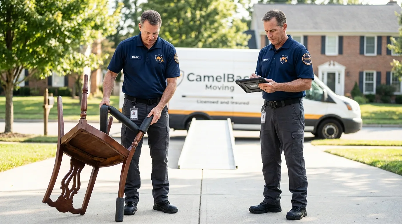 Movers inspecting furniture for damage prevention before loading in Saratoga Springs, NY