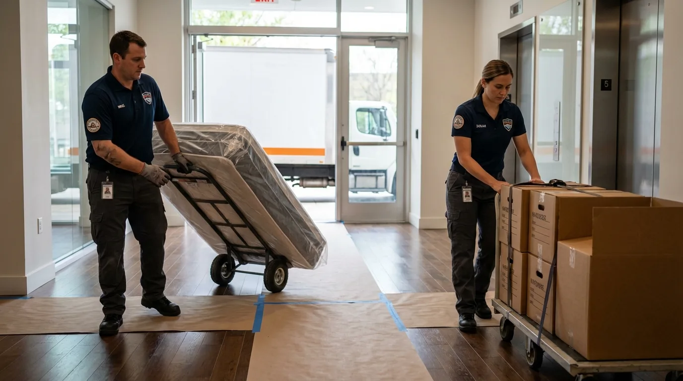 Professional apartment movers loading elevator in Saratoga Springs, NY