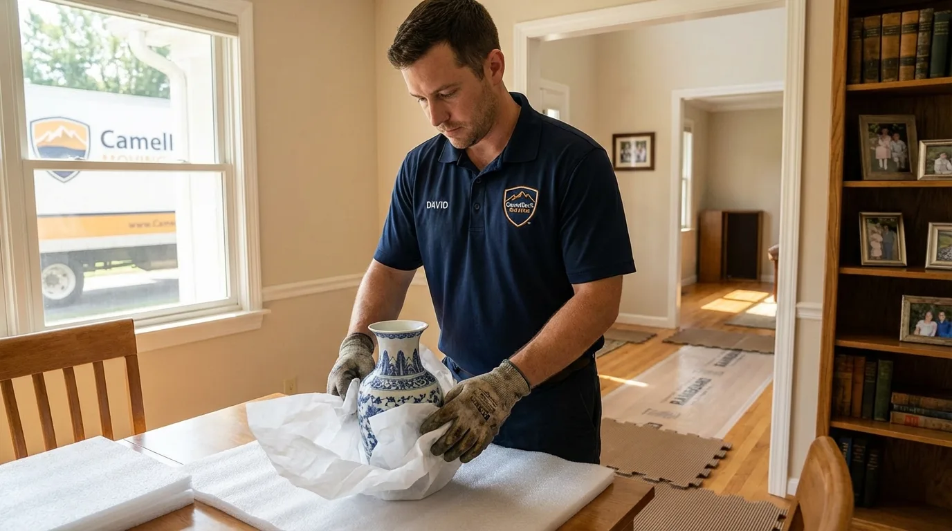 Professional crew carefully wrapping antique vase for senior downsizing move in Saratoga Springs, NY